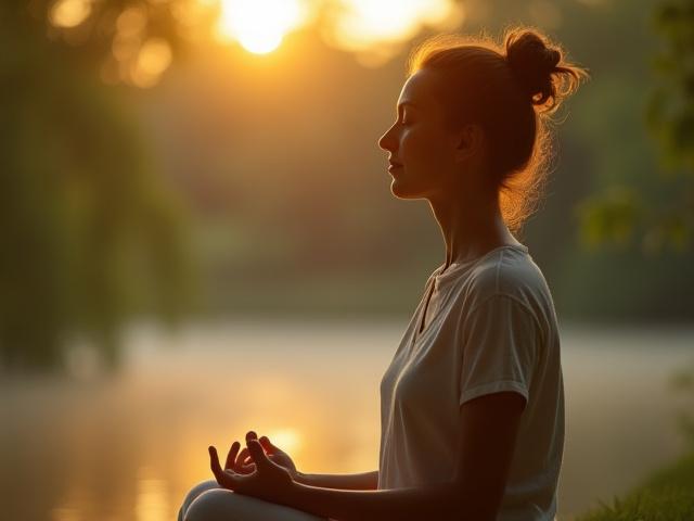 Mature woman meditating peacefully outdoors, symbolizing mental clarity and balance.
